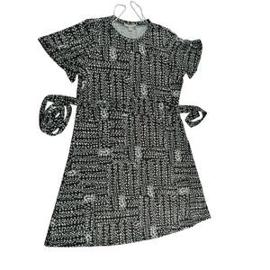 Geometric Print Short‎ Sleeve A-Line Dress Black White Pattern Side Tie Size L